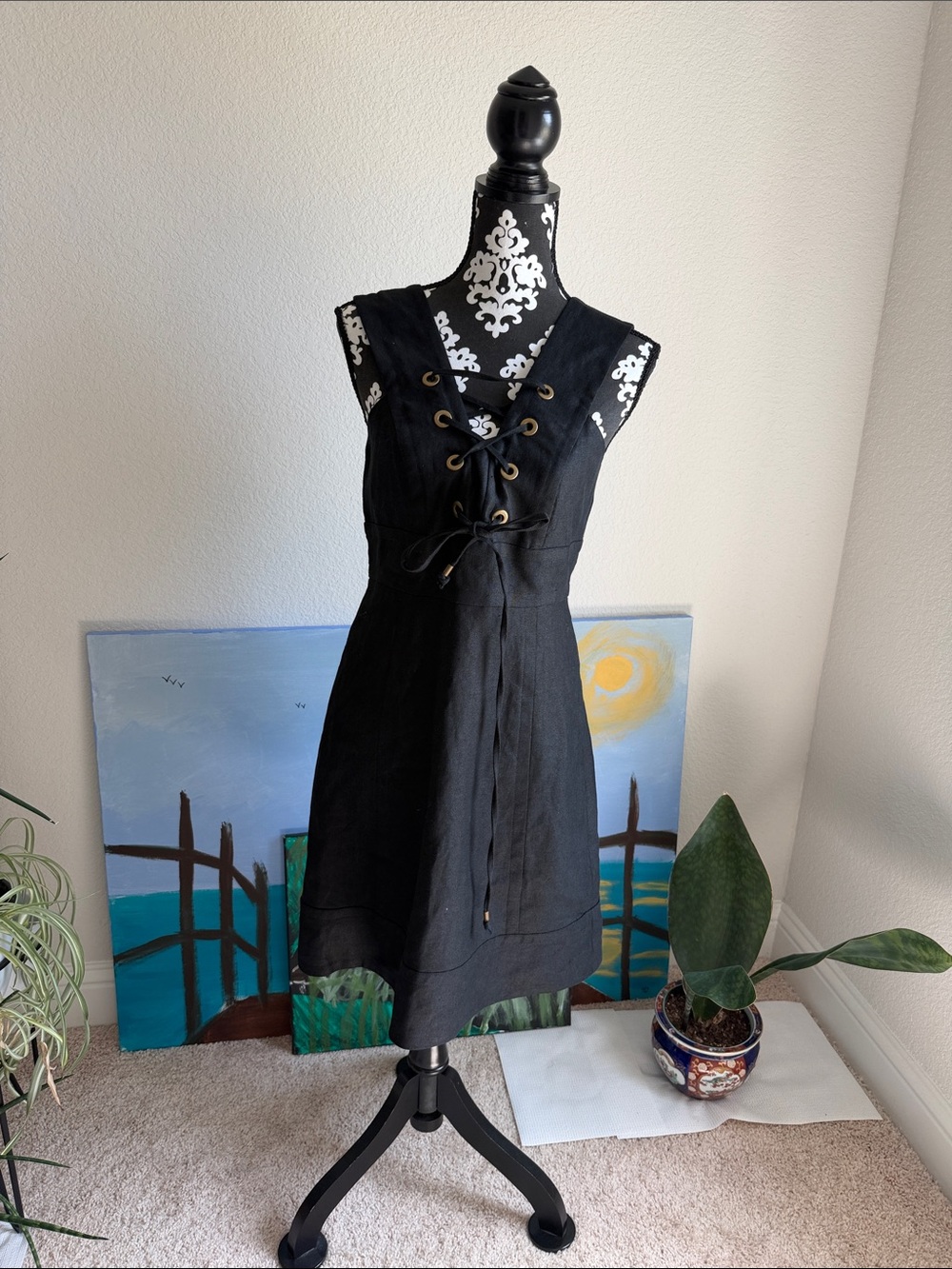 J. Crew Black Lace-Up V-Neck Sleeveless Midi Dress with Eyelet Detail